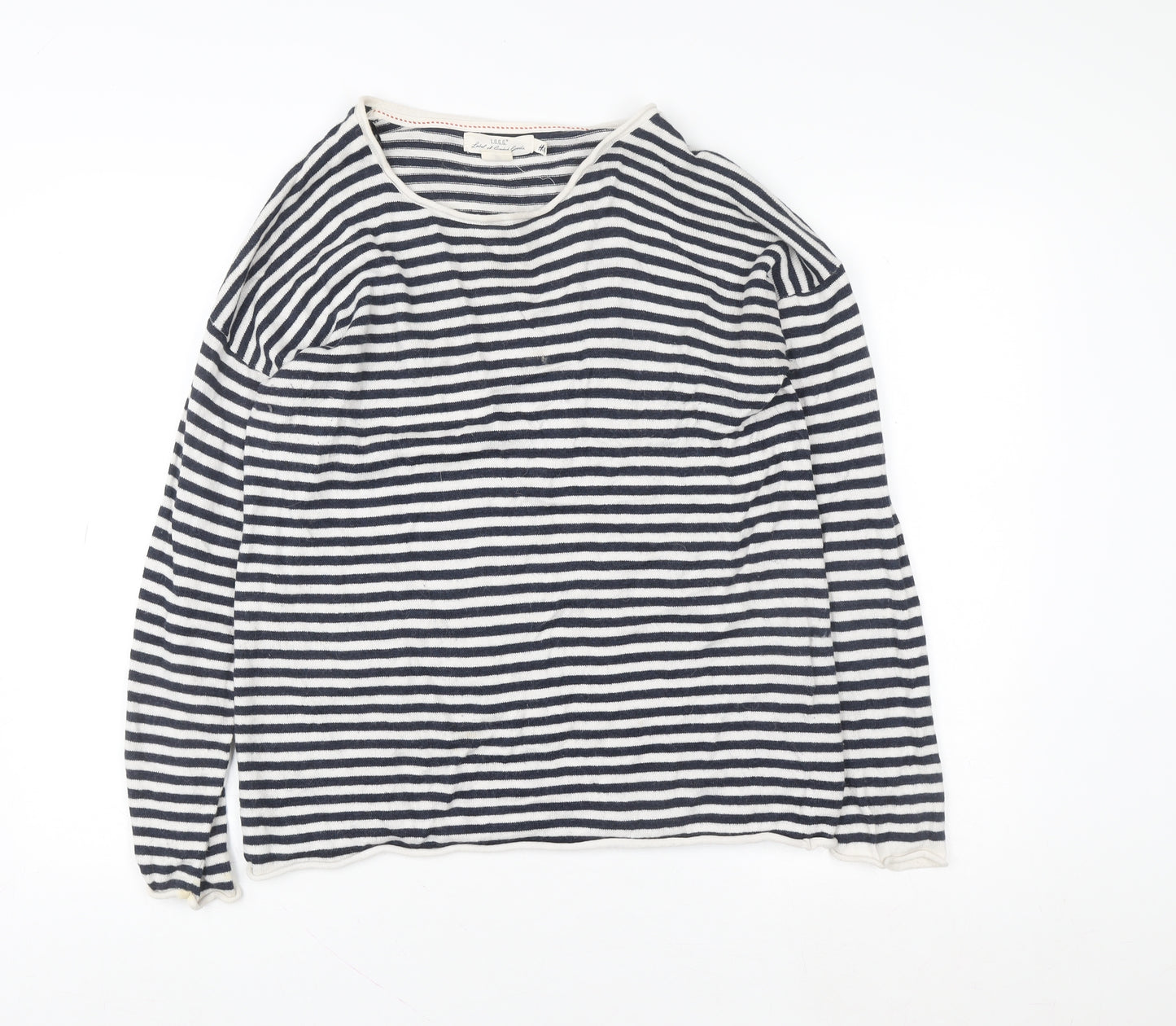 H&M L.O.G.G. Women Blue Striped Cotton Boat Neck Jumper L
