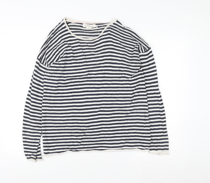 H&M L.O.G.G. Women Blue Striped Cotton Boat Neck Jumper L
