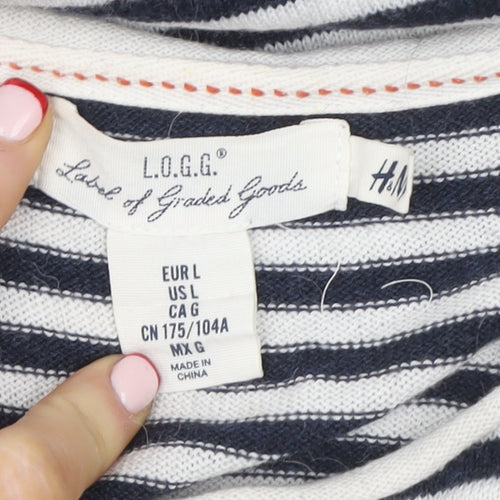 H&M L.O.G.G. Women Blue Striped Cotton Boat Neck Jumper L