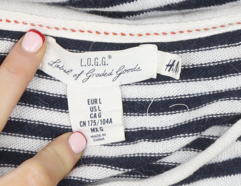 H&M L.O.G.G. Women Blue Striped Cotton Boat Neck Jumper L