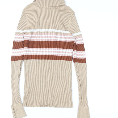 New Look Women Beige Striped Roll Neck Ribbed Jumper UK 14