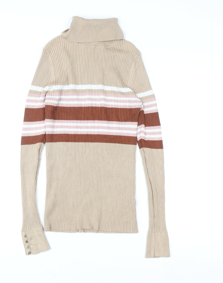 New Look Women Beige Striped Roll Neck Ribbed Jumper UK 14