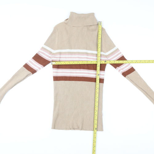 New Look Women Beige Striped Roll Neck Ribbed Jumper UK 14