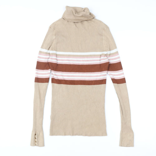 New Look Women Beige Striped Roll Neck Ribbed Jumper UK 14