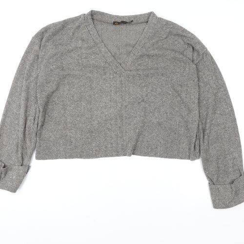 I Saw It First Womens Grey V-Neck Ribbed Pullover Jumper Size 12
