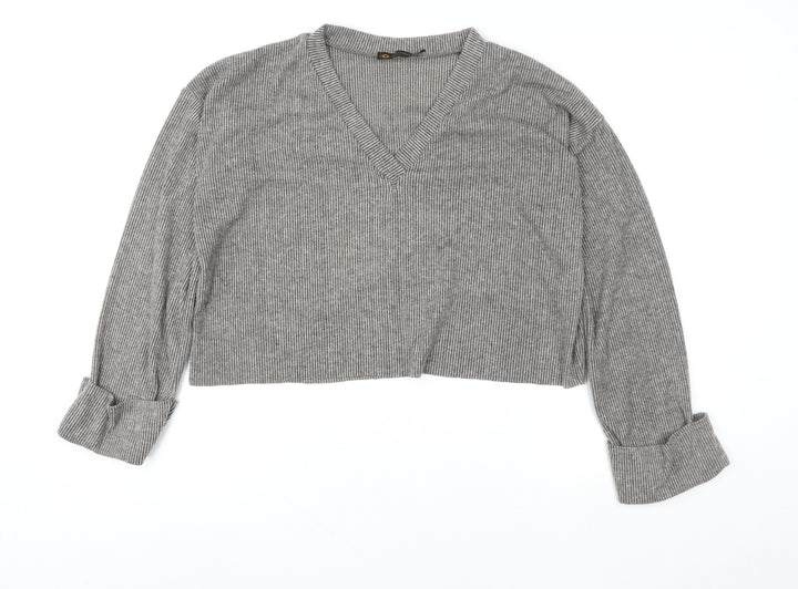 I Saw It First Womens Grey V-Neck Ribbed Pullover Jumper Size 12