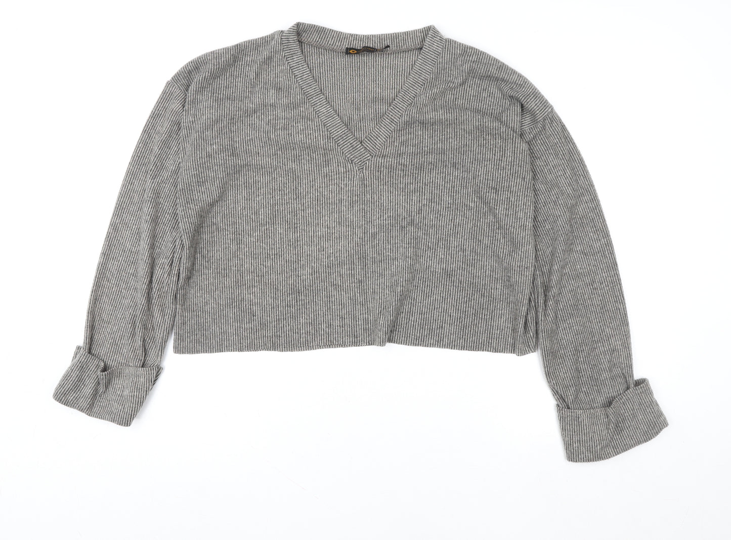 I Saw It First Womens Grey V-Neck Ribbed Pullover Jumper Size 12