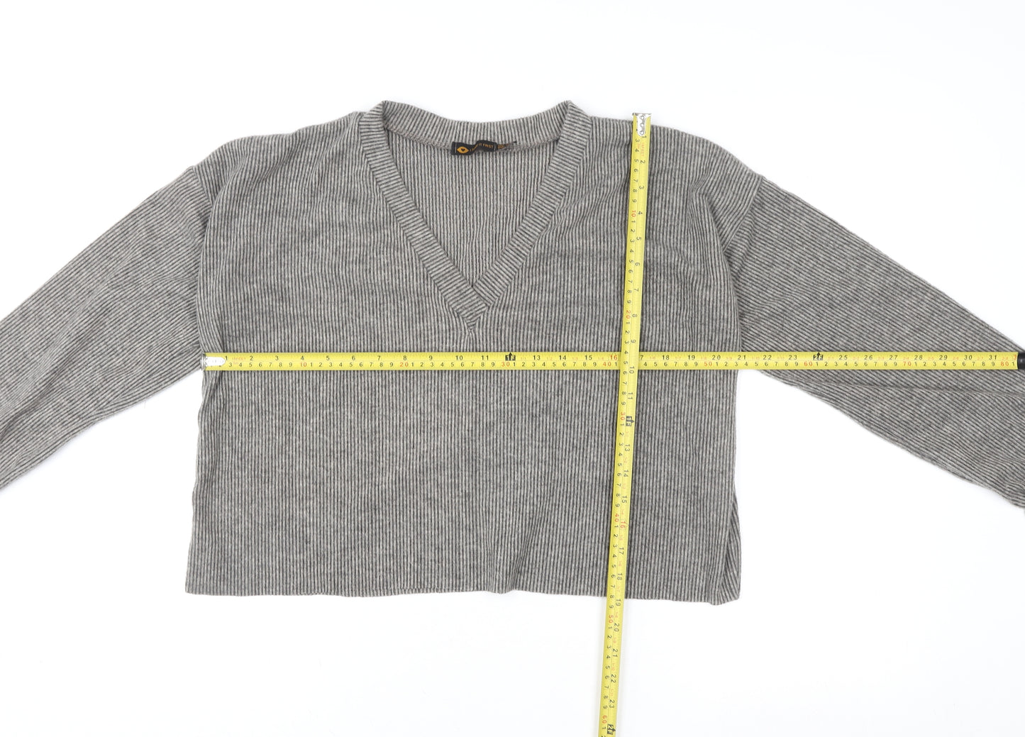 I Saw It First Womens Grey V-Neck Ribbed Pullover Jumper Size 12