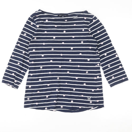 Crew Clothing Company Women’s Blue Striped Embroidered 3/4 Sleeve Cotton Top Size 10