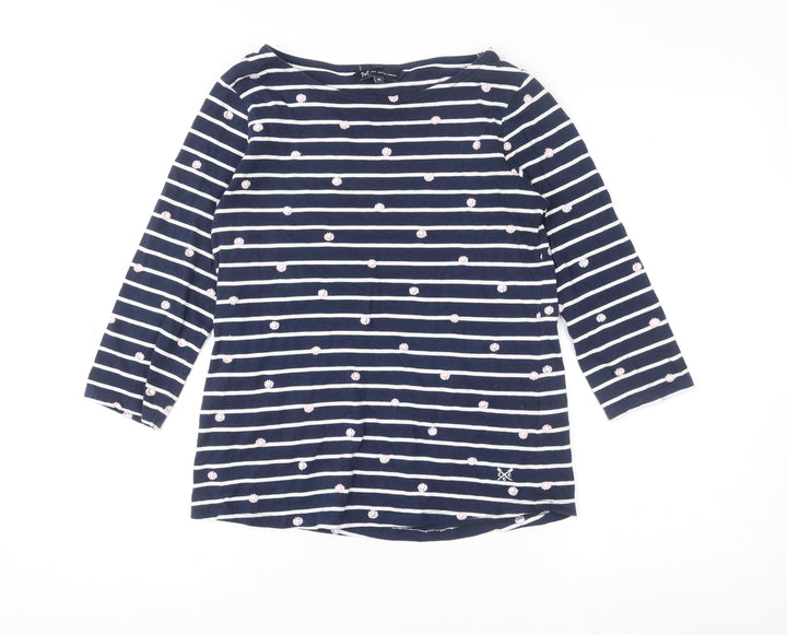 Crew Clothing Company Women’s Blue Striped Embroidered 3/4 Sleeve Cotton Top Size 10
