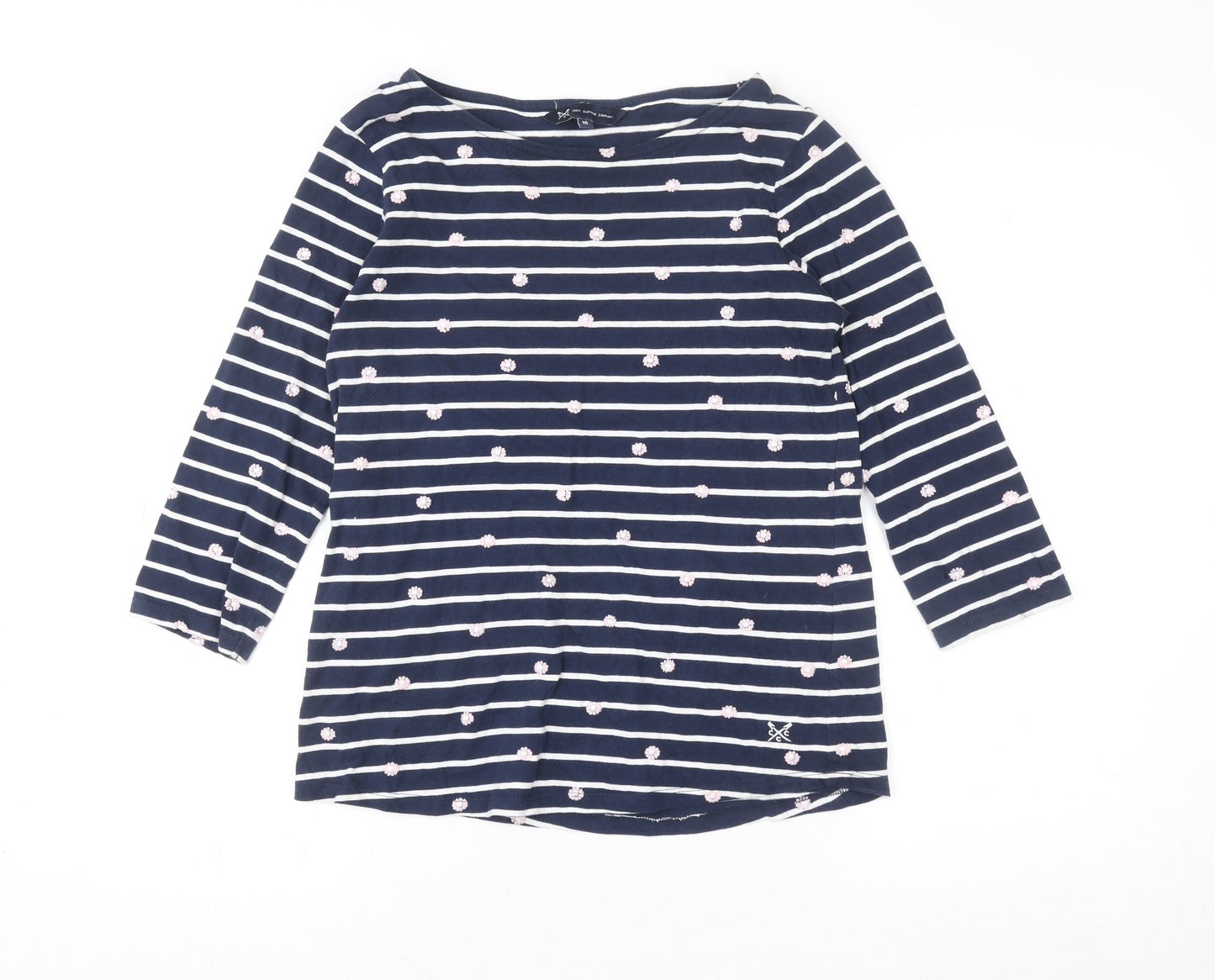 Crew Clothing Company Women’s Blue Striped Embroidered 3/4 Sleeve Cotton Top Size 10