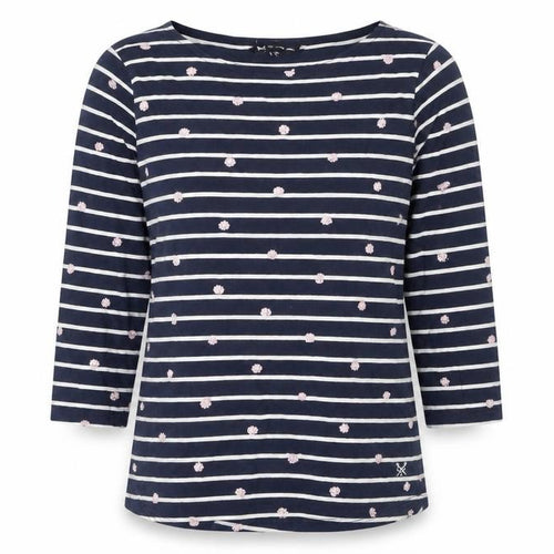 Crew Clothing Company Women’s Blue Striped Embroidered 3/4 Sleeve Cotton Top Size 10