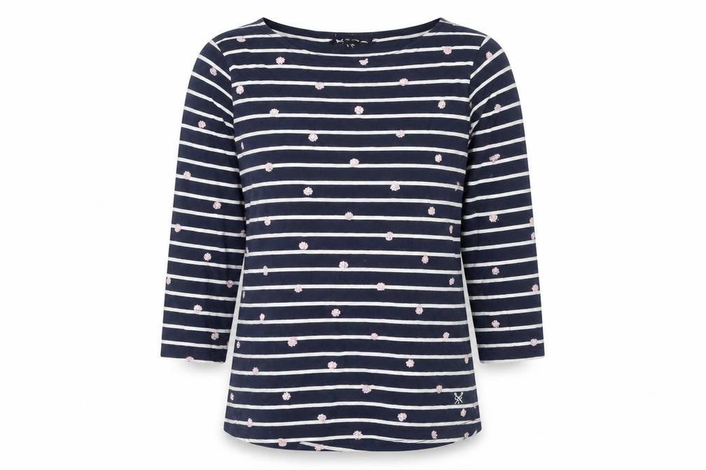 Crew Clothing Company Women’s Blue Striped Embroidered 3/4 Sleeve Cotton Top Size 10