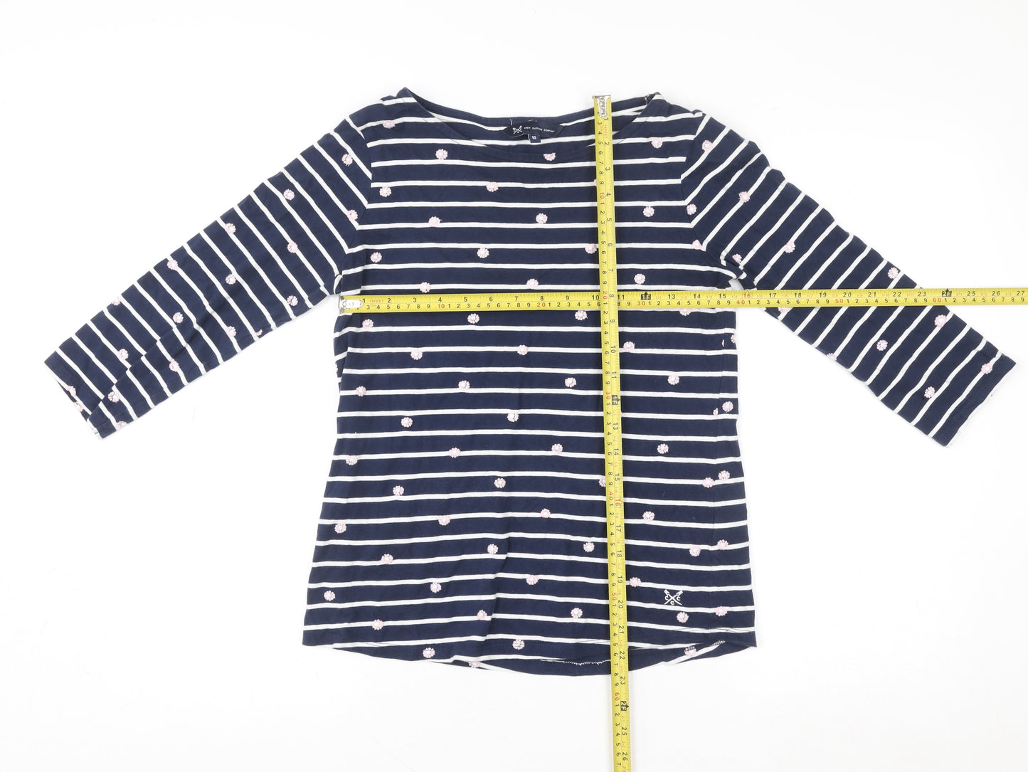 Crew Clothing Company Women’s Blue Striped Embroidered 3/4 Sleeve Cotton Top Size 10