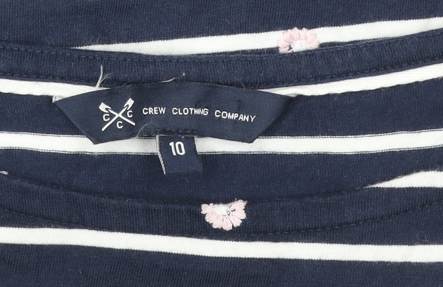 Crew Clothing Company Women’s Blue Striped Embroidered 3/4 Sleeve Cotton Top Size 10