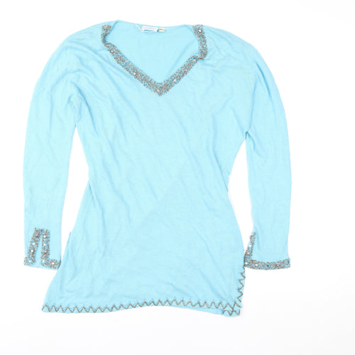 Star Blu Women Blue Beaded V-Neck Tunic Sweater Size M