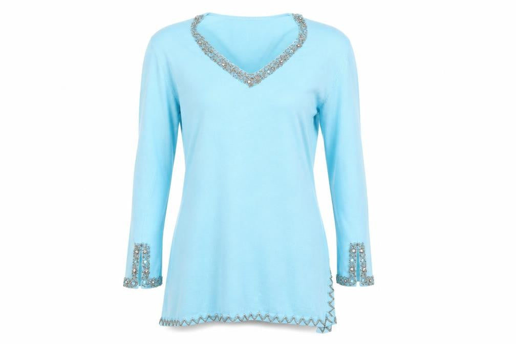 Front view of Star Blu Women Blue Beaded V-Neck Tunic Sweater, size M