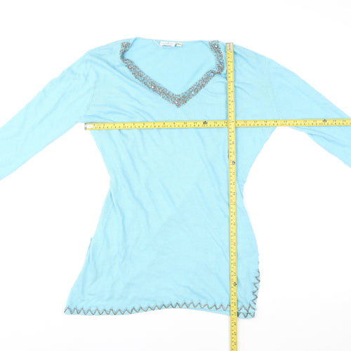 Star Blu Women Blue Beaded V-Neck Tunic Sweater Size M