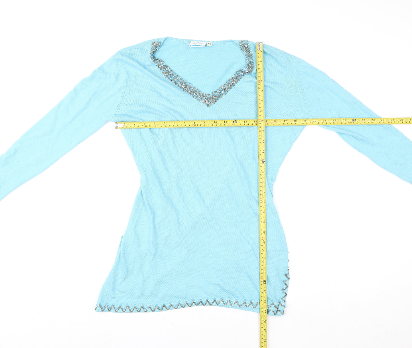 Star Blu Women Blue Beaded V-Neck Tunic Sweater Size M