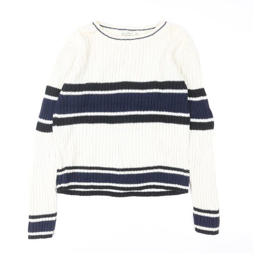 Zara Women’s Cream Navy Striped Ribbed Pullover Sweatshirt Size M