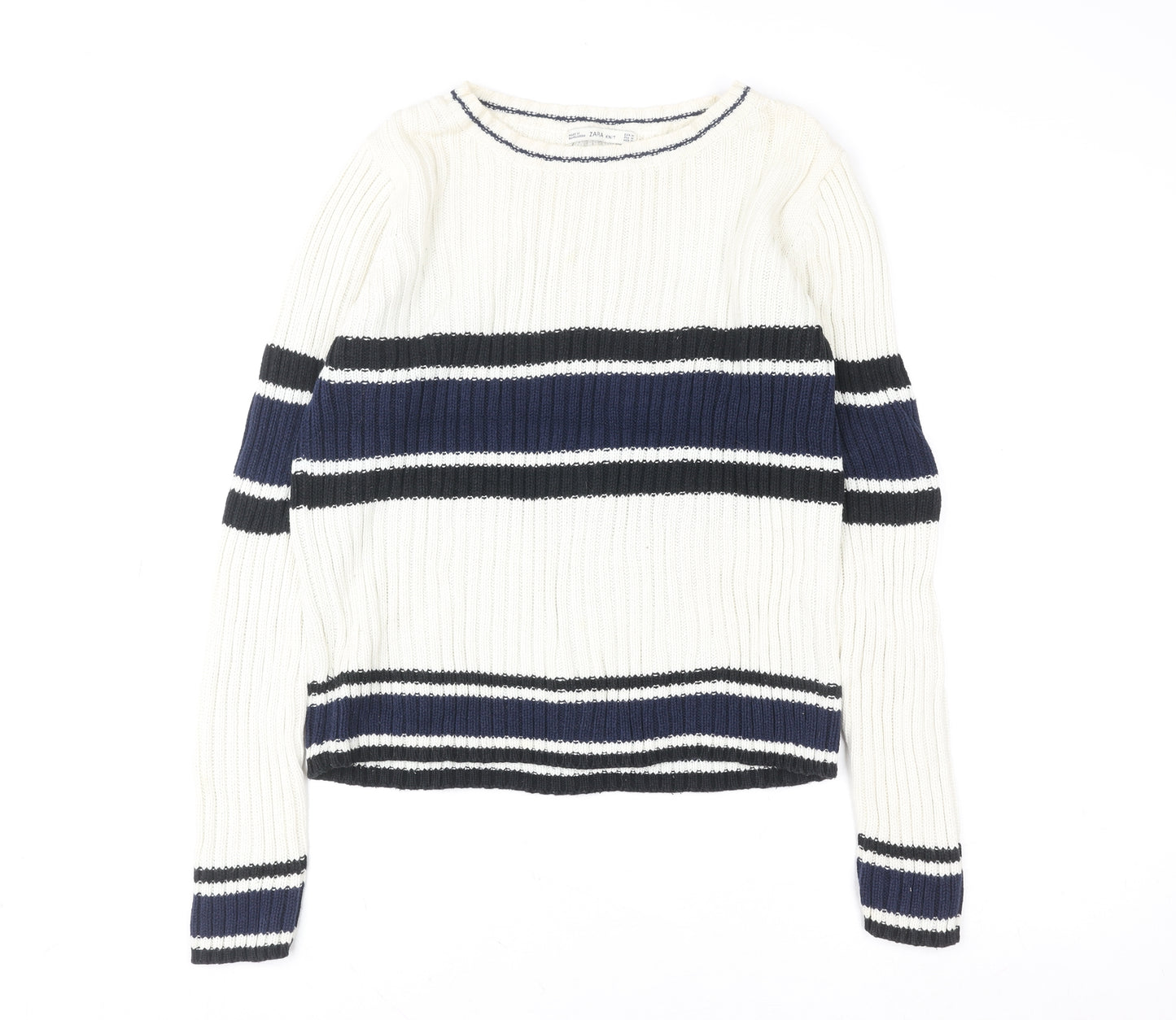 Zara Women’s Cream Navy Striped Ribbed Pullover Sweatshirt Size M