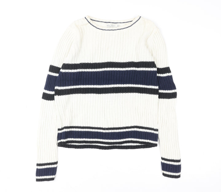 Zara Women’s Cream Navy Striped Ribbed Pullover Sweatshirt Size M