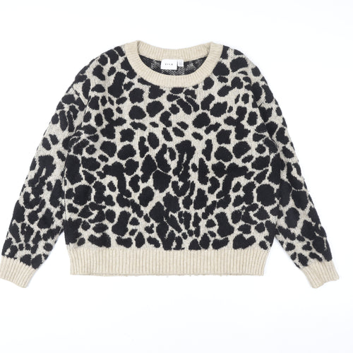 Vila Women’s Beige Leopard Print Crew Neck Pullover Jumper Size 12