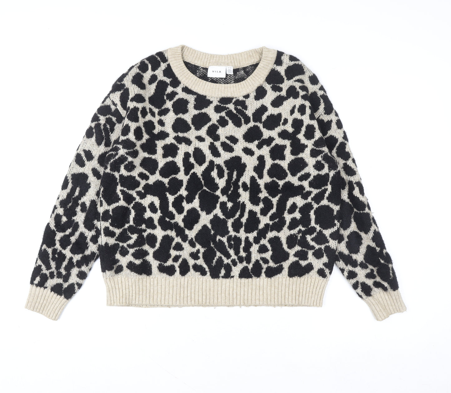 Vila Women’s Beige Leopard Print Crew Neck Pullover Jumper Size 12