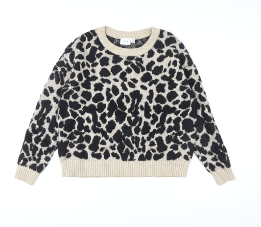 Vila Women’s Beige Leopard Print Crew Neck Pullover Jumper Size 12