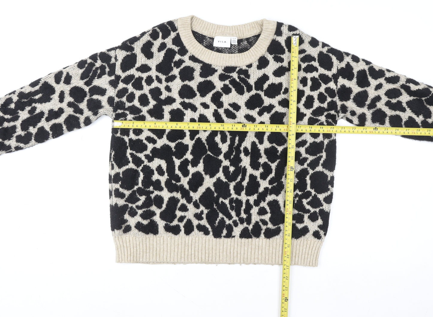Vila Women’s Beige Leopard Print Crew Neck Pullover Jumper Size 12