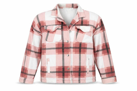 Front view of Quiz women’s pink check flannel shacket jacket, size M