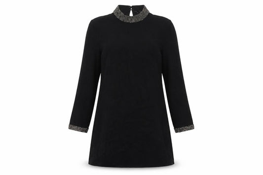 Front view of Warehouse Women's Black Beaded High Neck Shift Dress, size 10
