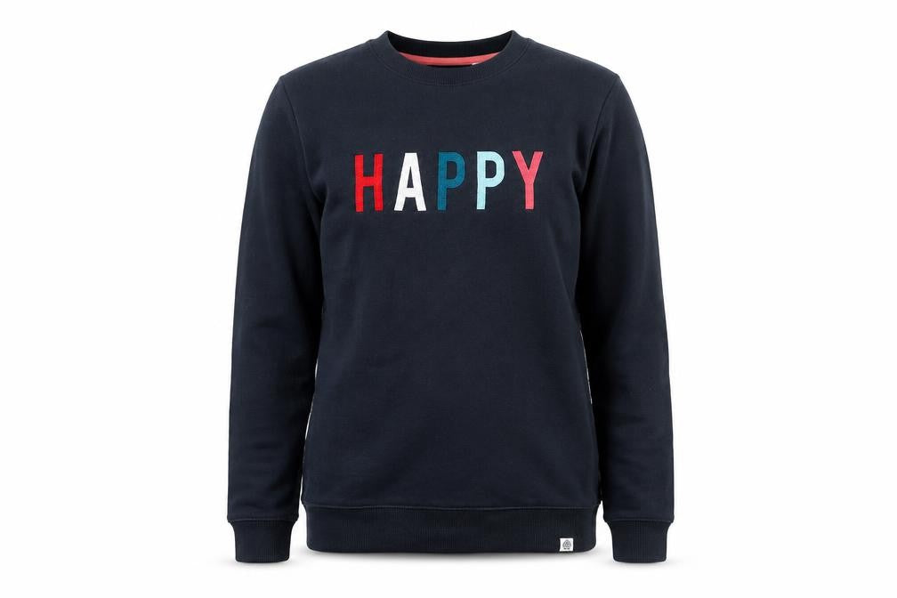 Front view of TOG24 girls’ blue 'happy' pullover sweatshirt, size 8, years cotton blend