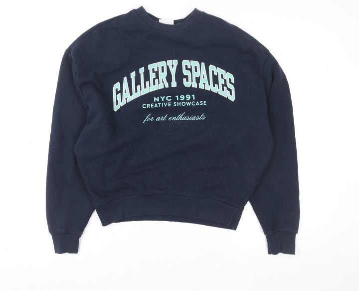 Pull&Bear Women’s Navy Blue Graphic Pullover Sweatshirt Size S