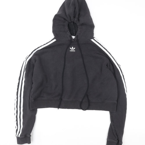 Adidas Women Black Cropped Hoodie Size 8 Drawstring Hooded Sportswear