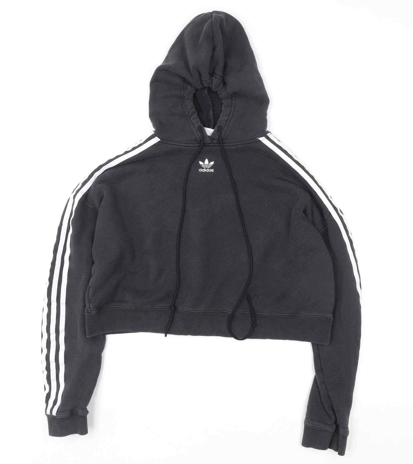 Adidas Women Black Cropped Hoodie Size 8 Drawstring Hooded Sportswear