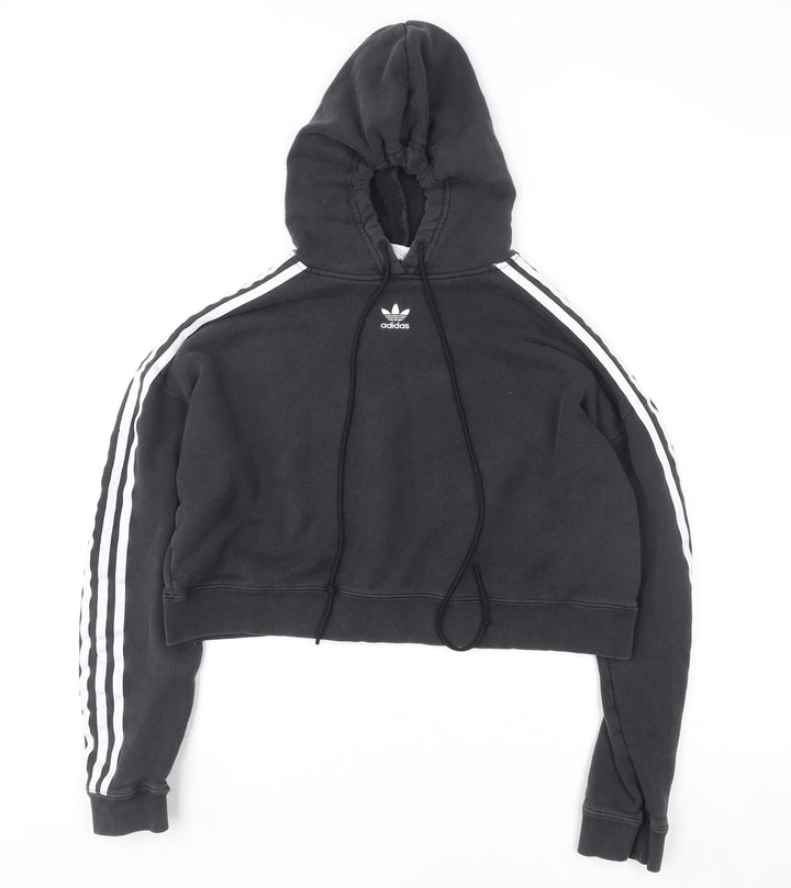 Adidas Women Black Cropped Hoodie Size 8 Drawstring Hooded Sportswear