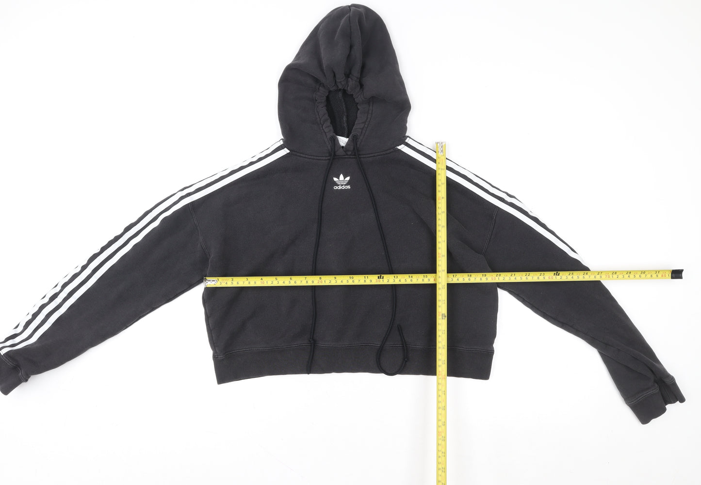 Adidas Women Black Cropped Hoodie Size 8 Drawstring Hooded Sportswear