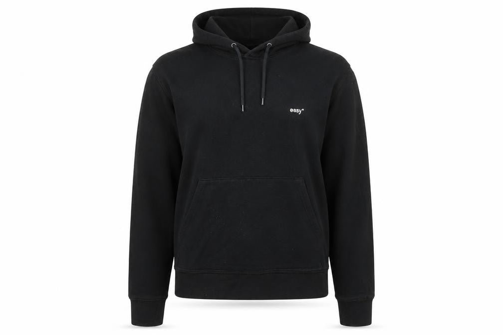 Front view of Topman unisex black pullover hoodie, size S, cotton casual sweatshirt