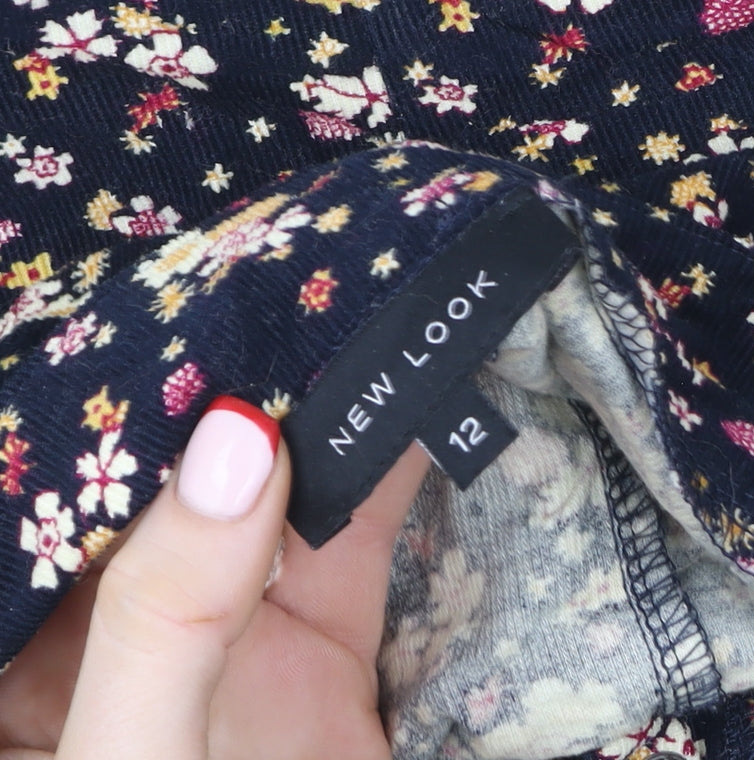 New Look Women Blue Floral A-Line Corduroy Skirt Size 12