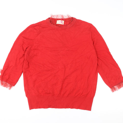 Savida Women Red Beaded Ruffle Tunic Knit Top Size 16
