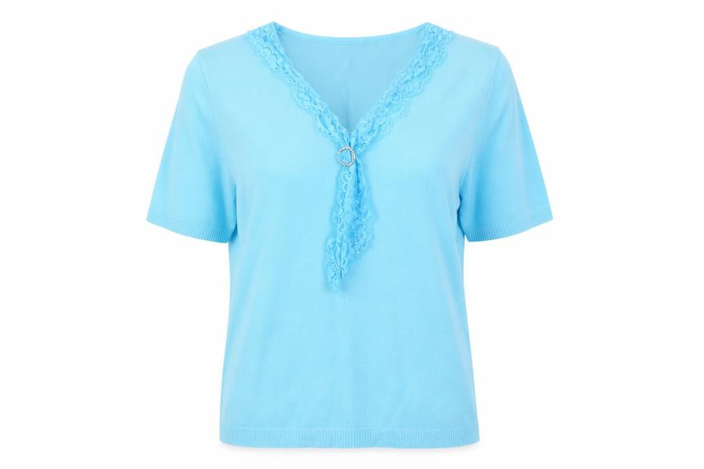 Front view of One Touch Women Blue Lace V-Neck Knit Blouse XL
