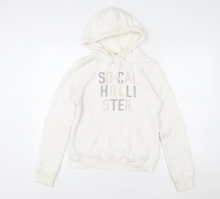 Hollister Women Ivory Hoodie S Pullover Logo Embroidered Cotton Blend