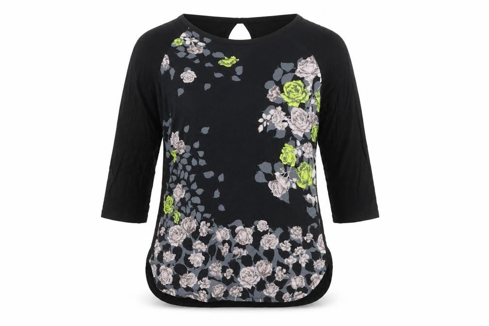 Front view of Oasis Women's Black Floral Tunic Blouse M 3/4 Sleeve