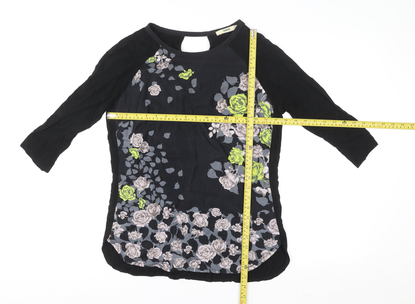 Oasis Women's Black Floral Tunic Blouse M 3/4 Sleeve