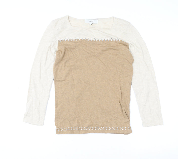 Next Women’s Beige Long Sleeve Beaded Cotton Blend Top Size S