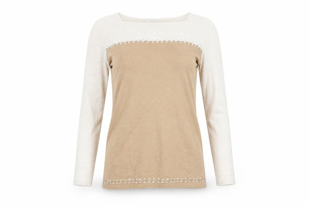 Front view of Next Women’s Beige Long Sleeve Beaded Cotton Blend Top, size S