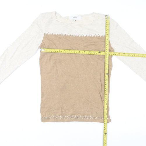 Next Women’s Beige Long Sleeve Beaded Cotton Blend Top Size S