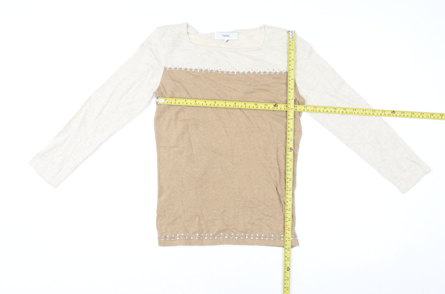 Next Women’s Beige Long Sleeve Beaded Cotton Blend Top Size S