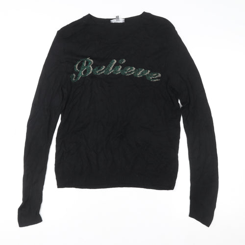 Principles Womens Black Long Sleeve Believe Sequin Knit Jumper Size 10
